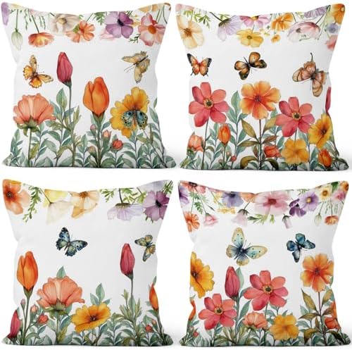 4 Pcs/Set Floral Pillow Covers Pink Flowers Green Leaves Colorful Butterflies Nature Plants Rustic Farmhouse Decor Throw Pillow Covers for Outdoor Home Couch Sofa Bedroom, 26"x26" by VieSavaran
