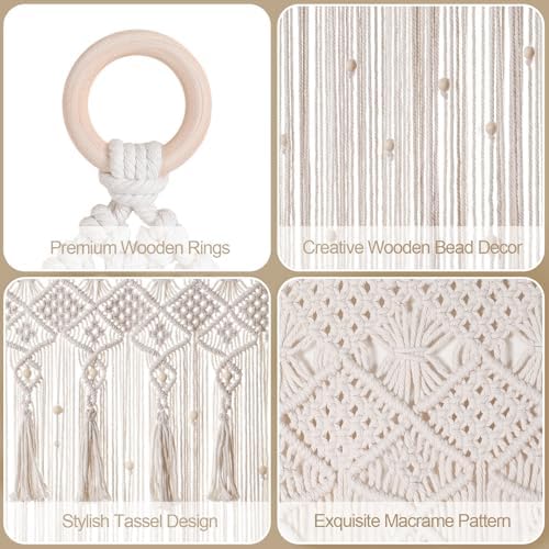 BECHAEO Boho Macrame Beaded Curtain with Tassels, White 1 Panel 35" x 79" - Image 5