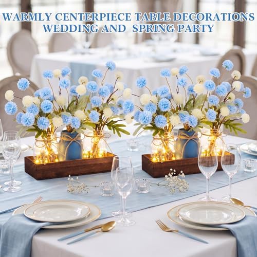 Suncalla 3pcs Blue White Fake Kiku Flowers Mason Jar Centerpiece - Image 6