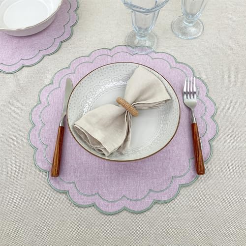 Linen Cotton Placemats Set of 4 Scalloped Flower Embroidery Place Mats 15'' Natural Linen Texture Fabric Machine Washable Table Mats for Restaurant Kitchen,Table Decor(Lilac) - Image 4