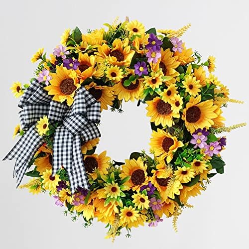 TOKCARE Sunflower Wreaths for Front Door, TOKCARE 18 inch Yellow Spring and Summer Door Wreath with Bow, Handmade Silk Sunflower Decor for Home Party Festival Wedding Decor by TokcareHome