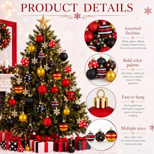 Lunmon 64 Pcs Mouse Christmas Ball Ornaments Red Black Yellow Xmas Baubles - Image 4