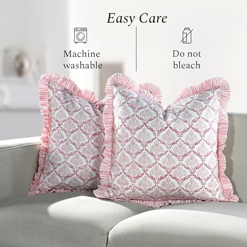 CPC Blush Rose Hand Block Print 100% Cotton Ruffle Throw Pillow Cover 24x24 inch with Hidden Zipper Decorative for Couch, Bed, Sofa, Farmhouse, Cottagecore Decor Gift Christmas Fall Thanksgiving - Image 6