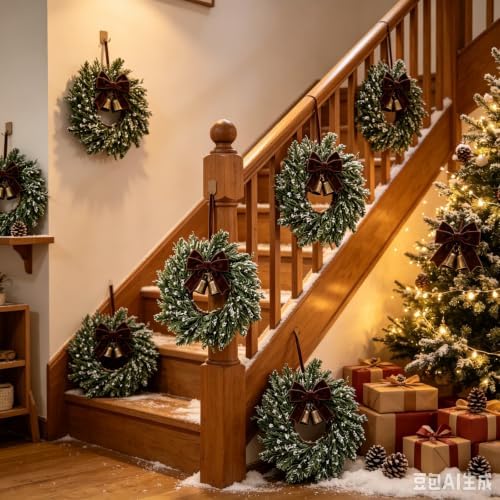 6 Pcs Small Christmas Hanging Wreaths Artificial Snow Flocked Cedar Wreaths with Brown Velvet Ribbon & Bronze Bells Mini Christmas Wreaths for Cabinet Porch Front Door Winter Xmas Holiday Decorations - Image 2