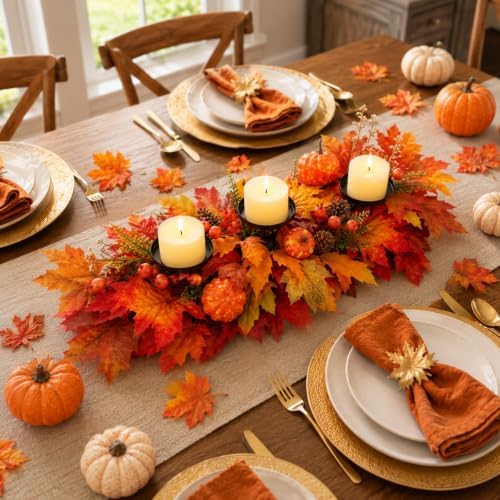 27.56" Fall Candle Holder Centerpiece, Thanksgiving Table Decor with Metal Candle Cups Large Foldable Autumn Leaves Pumpkins Candle Holder for Farmhouse Dining Table Mantel Home Party Decor - Image 3