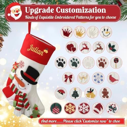 Personalized Christmas Stockings with Embroidered Name & Monogram,Custom 3D Xmas Character Stocking 5 Pack 18” Large,Santa,Snowman & Reindeer Fireplace Hanging Burlap Plaid Stockings(A) - Image 5