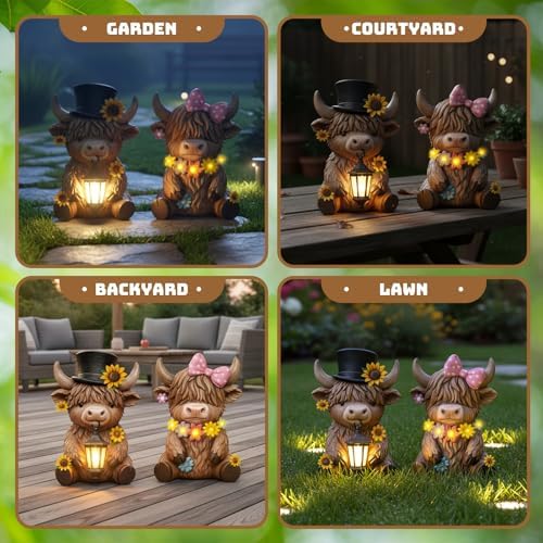 Retisee 2 Pcs Solar Highland Cow Garden Statue LED Light Resin Outdoor - Image 6