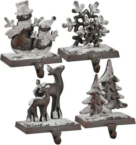 4PCS 100% Cast Iron Christmas Stocking Holder Weighted Mantle Stocking Hanging Hook Farmhouse Xmas Stocking Holder Vintage Fireplace Stocking Hanger for Christmas Decor (Vintage,4) by ONEPTY