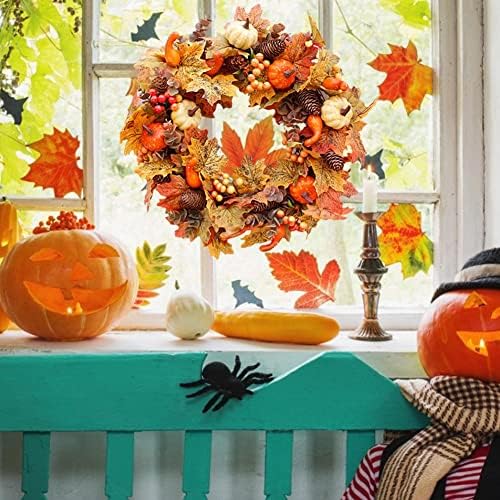 Ansuma 20" Fall Wreath for Front Door - Maple Leaves Pumpkin Pinecone Artificial Harvest Fall Wreath with Berries for Autumn Halloween Thanksgiving Day Home Wall Window Mantel Decor - Image 2