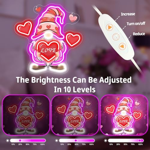 Valentine Gnomes Neon Sign Dimmable Valentines Day Led Lights Pink Gnome Holding Red Heart Light Up Sign Valentine'S Day Decorations for Home Office - Image 4