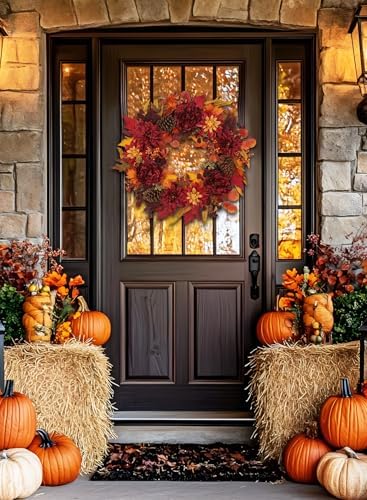 24" Artificial Fall Floral Wreath for Front Door Autumn Wreath with Peony Dahlia Pine Cones for Halloween Thanksgiving Farmhouse Window Wall Décor - Image 6