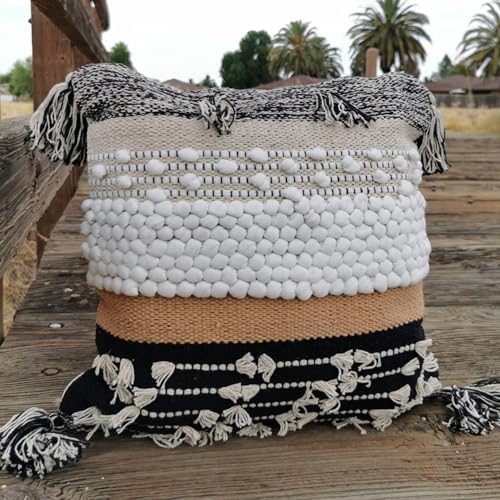 Throw Boho Pillow Cover, 18”x18” Bohemian Moroccan Rustic Decorative Pillows with Tufted Accents, Plush Handwoven Cotton, Textured Woven Neutral Farmhouse Scandinavian Home Decor - Image 6