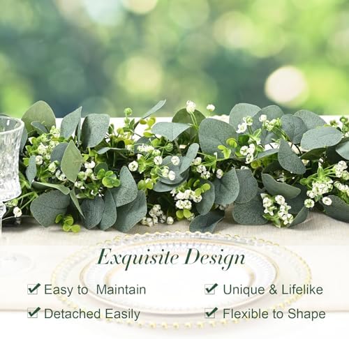 Waipfaru 4Pcs Eucalyptus Garland, 5.9FT Greenery Garland, Green Garland with Flowers, Artificial Faux Silver Dollar Eucalyptus Leaves Vines for Table Home Wedding Mantle Party Indoor Outdoor Decor - Image 2
