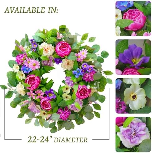 Spring Wreaths for Front Door Outside 24 Inch Spring Door Wreath with Pink Peony,Rose and Blue Hydrangeas, Handmade Silk Summer Wreaths for Front Door Home Wall Window Proch Seasonal Decor - Image 3