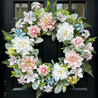 22 Inch Artificial Dahlia Wreaths for Front Door, Spring Summer Wreath with Eucalyptus, Fern & Lamb's Ear Leaves, Farmhouse Floral Wreath for Home Porch Window Wall, All Season Decor by wwmira