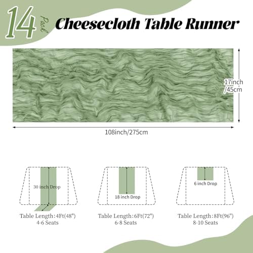 14 Pack Sage Green Cheesecloth Table Runner 17x108 Inch Semi Sheer Boho Gauze Cheese Cloth Fabric Table Runners, for Wedding Party Baby Shower Birthday Home Decor Garden Farmhouse - Image 2