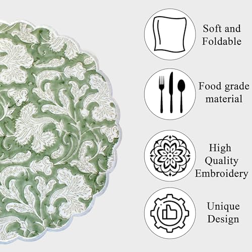 Ridhi Bo-ho Round Place Mat Double Layer Floral Cotton Washable Placemats 15" Round Embroidery Block Print Table Mat (Pack of 4-15 Inch Round, Sage Green) - Image 5