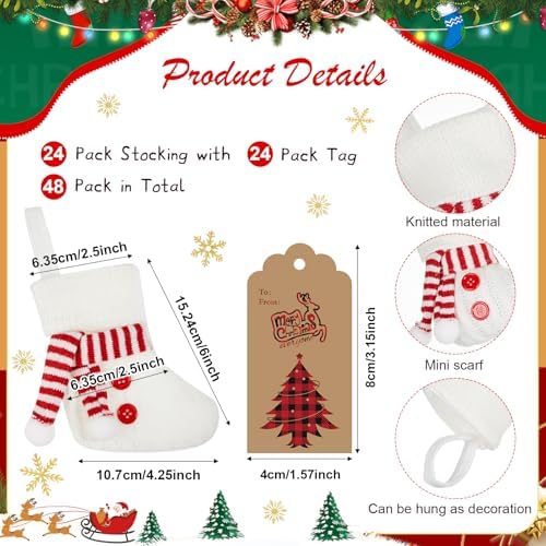 24 Set Mini White Christmas Stockings Bulk with Tags Bells - Image 2