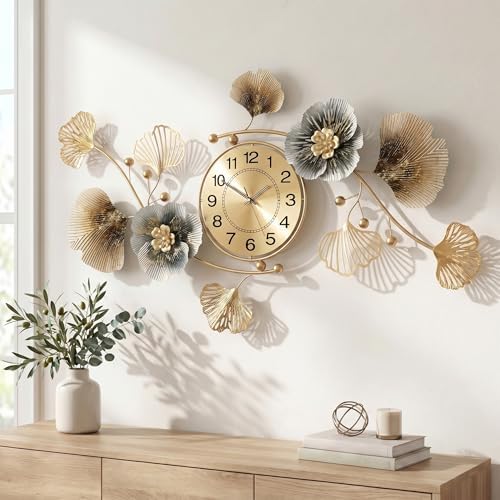 47" 3D Ginkgo Leaf Metal Wall Clock for Home Wall Decor by Axioglo