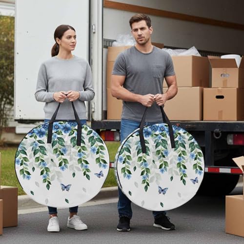 Spring Flower Round Storage Bag 24 Inch, Watercolor Gradient Blue Flowers Leaf Butterfly Clothes Storage Container with Handles Heavy Duty Organizer for Comforter, Bedding & Holiday Wreaths - Image 4