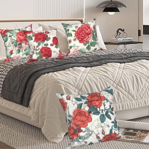 Red Rose Throw Pillow Cover 26''x26'' Set of 4, Spring Colorful Flowers Cushion Cover Rustic Blooming Floral Pillowcase for Couch Sofa Home Bedroom Farmhouse Livingroom Patio Car Outdoor - Image 6