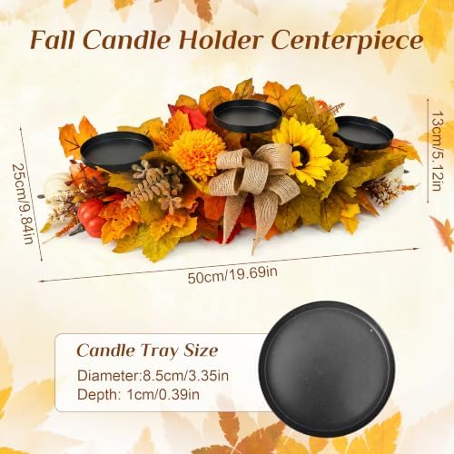 Fall Candle Holder Centerpiece for Table Decor with Maple Leaves Burlap Bow - Image 2