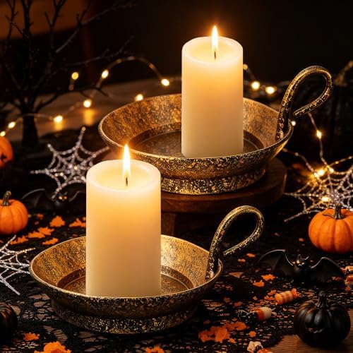 6" Wide Set of 2Cast Iron Candle Holder with Handle in Rustic Gold for Pillar, Pillar Candle Holder, Farmhouse Vintage Style, for Mantels, Tabletops, Centerpieces, Entryways, Shelves - Image 3