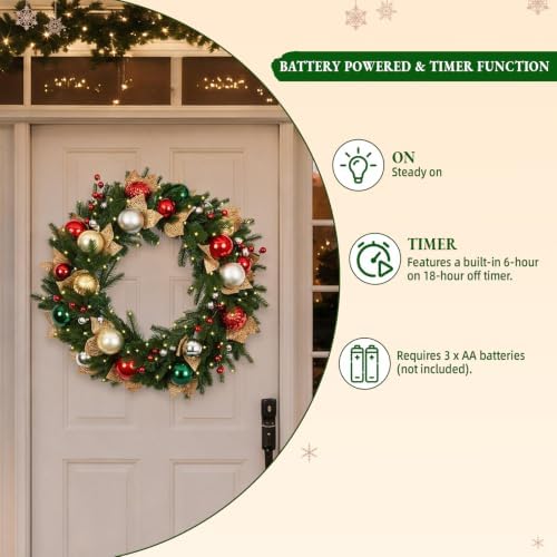 Hykolity 28 Inch Pre-Lit Christmas Wreath with 50 Warm White LED Lights and Timer, Battery Operated Artificial PE & PVC Wreath with Multicolor Ornaments and Glittered Gold Leaves for Front Door - Image 6