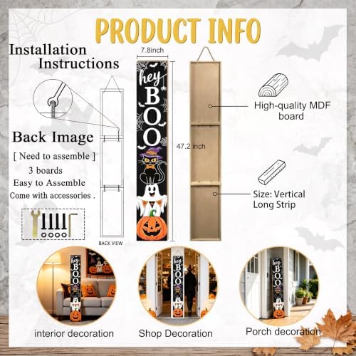 Foutcheou Halloween Sign With Hey Boo Ghost and Bats 47" （Black） - Image 2
