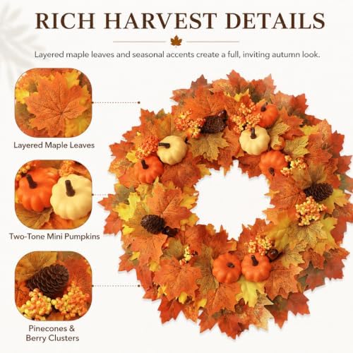 Wironlst 22 Inch Fall Wreaths for Front Door with Artificial Maple Leaf - Image 5