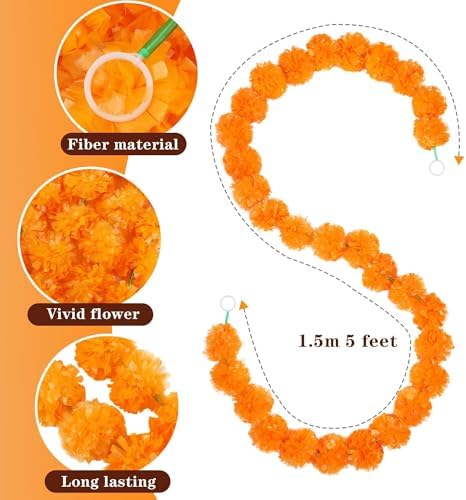 Fovths 15 Pieces 5 Feet Long Marigold Garland Bulk Light Orange Indian American Wedding Party Mantel Decoration Long Strands Artificial Dia De Los Muertos Decor for Pooja, Altar Faux Garland, Diwali - Image 2