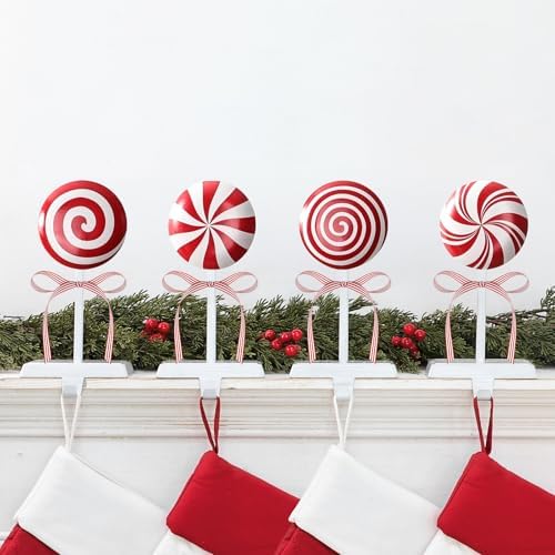 Christmas Stocking Holders for Mantle: Red White Peppermint Candy Stocking Holder Stand Set of 4, Metal Stocking Hangers Decorative Hooks for Xmas Home Decor, Fireplace Window Accessories by Pawliss