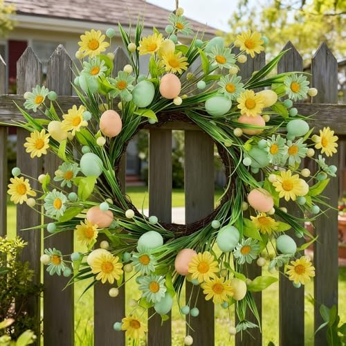 Spring Easter Wreaths for Front Door in 16 inch,Artificial Daisy Easter Egg Decorative,Farmhouse Spring Decorations,Front Door,Wall, Wedding,Easter,Spring(Yellow&Green) - Image 5