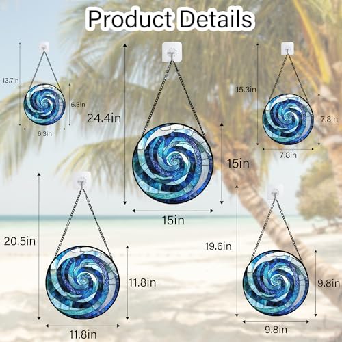 Blue Ocean Wave Stained Glass Window Hanging Suncatcher Gift for Women 15" - Image 6