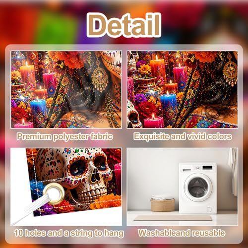 Day of the Dead Garage Door Banner 7x16 FT - Dia De Los Muertos Catrina Sugar Skull Backdrop Cover with Mexican Papel Picado Flowers Candles Decor for Double Car Garage Door Outdoor Fiesta Party - Image 4