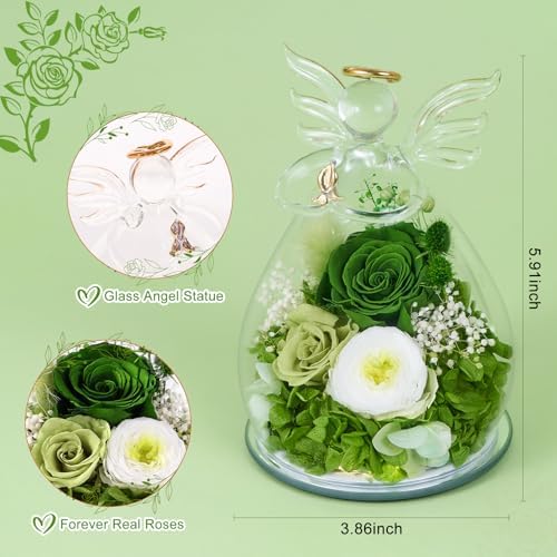 FIACO Gifts for Women Birthday Preserved Rose Forever Flower in Glass Angel Figurines Fresh Flowers for Delivery Prime for Mom Real Green Roses for Grandma Sister Wife Her from Daughter - Image 2