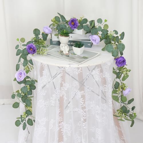 TOCHGREEN 4 Pack Artificial Eucalyptus Flower Garland with Purple Roses - Image 6