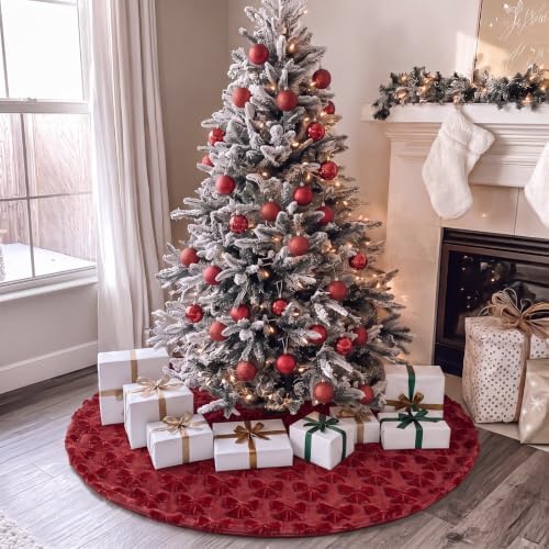 Civaner 48in Burgundy Bow Christmas Tree Skirt Faux Fur - Image 7