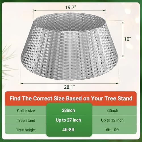 ELYKEN Christmas Tree Collar, 28 Inch Silver Woven Xmas Tree Skirt for 7.5 ft Trees, Stylish Rustic Basket for Tree Base Cover with Cord Cut-Out for Pencil Trees, Easy Assembly - Image 3