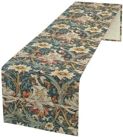 William Morris Style Floral Table Runner, Vintage Abstract Botanical Floral White and Green Pattern for Home Kitchen Table Decor Dining Coffee Room Party Decor 13x120in by Unknown