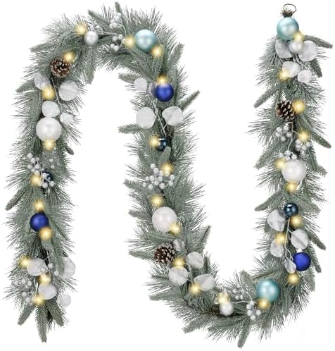 Valery Madelyn 9 Ft Christmas Garland with Lights for Mantle Silvery Blue by ValeryMadelyn