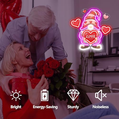Valentine Gnomes Neon Sign Dimmable Valentines Day Led Lights Pink Gnome Holding Red Heart Light Up Sign Valentine'S Day Decorations for Home Office - Image 2