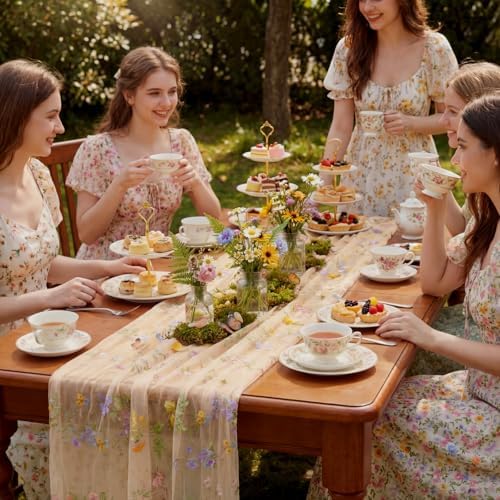 Champagne Floral Table Runner 10ft Embroidery Tulle Spring Wildflower Gauze Table Runner Seasonal Summer Butterfly Kitchen Dining Decoration for Wedding Baby Shower Birthday Party (6 Pcs) - Image 2