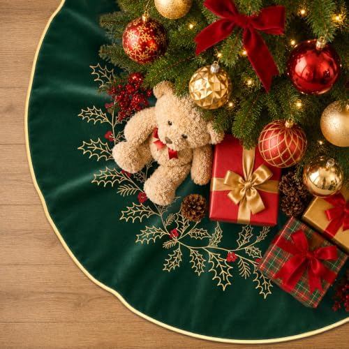 Christmas Tree Skirt Embroidered Holly Leaves, 48" Green Velvet Home Decor - Image 2