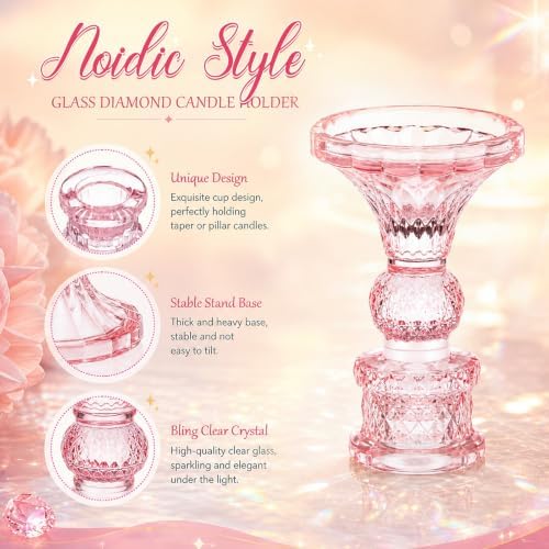 Sieral 24 Pcs Pink Taper Candle Holders 4'' Tall Candlestick Glass Holders Bulk Crystal Decorative Stand Wedding Stick Holder for Anniversary Party Dining Table Festival Decor - Image 3