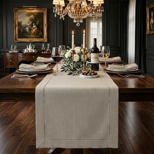 Signature Linen™ by D'Moksha, Natural Table Runner 84 Inches Long, 100% Pure Linen, Hemstitch, 14 x 84 Inch Table Runner for Dresser, Dining- Fall, Weddings, Outdoor Hosting by DMokshaHomes