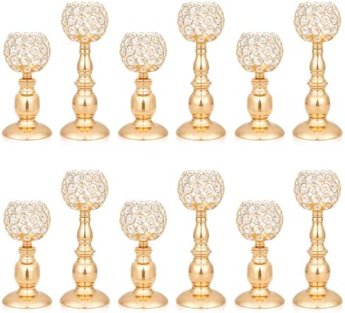 Crystal Candle Holders Set, Tall Metal Tealight Votive Candlestick Holders (11.4" & 8.8"), Elegant Decorative Centerpiece for Dining Table, Wedding, Living Room (Gold, Set of 12) by kehail