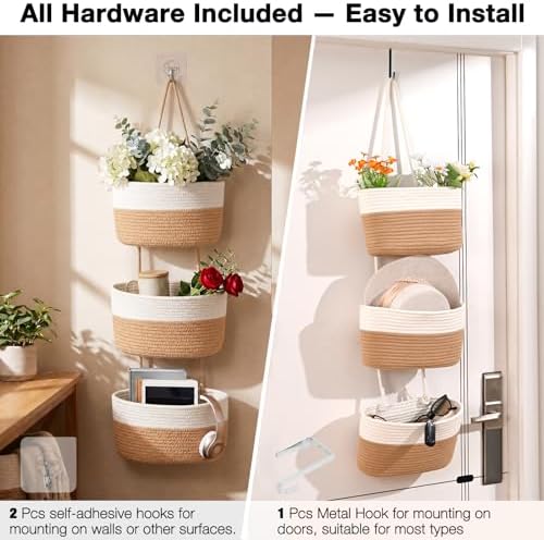 ICERZCZ Hanging Baskets for Organizing 3-Tier Wall Basket Khaki & Off White - Image 7