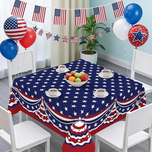 Square 4th of July Tablecloth 60x60 Inch, Patriotic Red White and Blue Table Cloth, Polyester Waterproof Wrinkle Resistant Independence Day Table Cover for Memorial Day Decorations Decor by Unknown