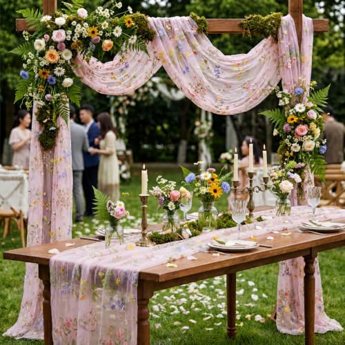 Pink Floral Table Runner 10ft Embroidery Wildflower, 10 Pcs - Image 5